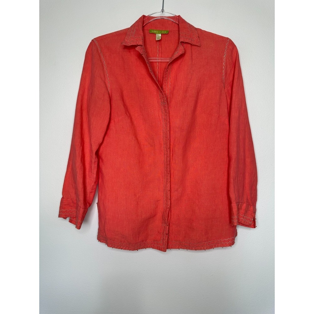 Sigrid Olsen Linen‎ Button up Top Size S Coral Embroidered